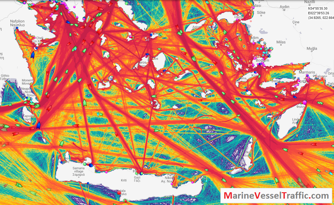 Live Marine Traffic, Density Map and Current Position of ships in SEA OF CRETE